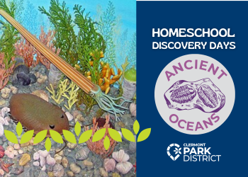 Ancient Ocean sea life picture next to the text "Homeschool Discovery Days" and a fossil icon with "Ancient Oceans" written around it. 